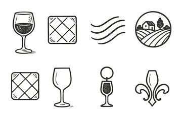 Obraz premium Wine and vineyard linear icon set. Glass, vineyard, and farm outline icons collection