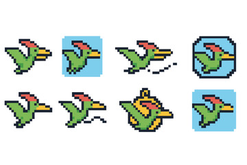 Pixel art bird icon set. Retro gaming icons in a flat pixel art style collection
