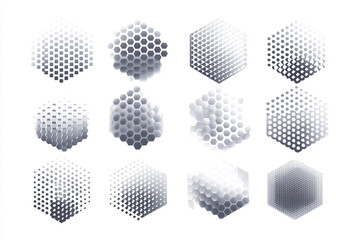 Minimalist atomic patterns with halftone textures, clean vector, isolated on white background