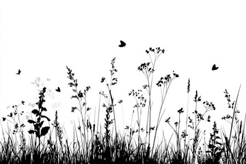 Minimalistic black silhouettes of wild grass, herbs, and hovering insects, isolated on white background, realistic HD sketch effect,