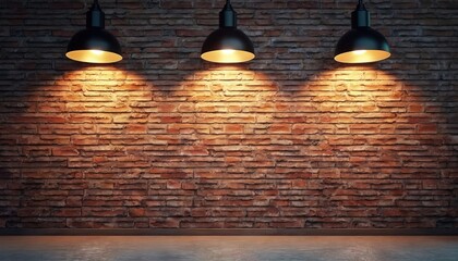 Three black pendant lamps hang in front of a rustic red brick wall. The warm light illuminates the textured surface creating dramatic shadows. Concrete floor is visible below.
