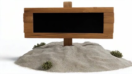 Rotating wooden sign on sandy base with greenery animation