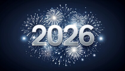 Celebrate 2026 with sparkling fireworks on a dark blue background