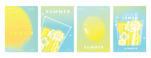 Abstract colorful gradient fruit card background set. Minimalist poster with lemon. Modern summer and spring wallpaper design for drink menu, promotion, beverages, ads.