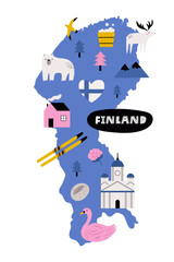 Cute Finland Map with Nordic Icons. Scandinavian Vector Illustration for Posters and Travel Prints.