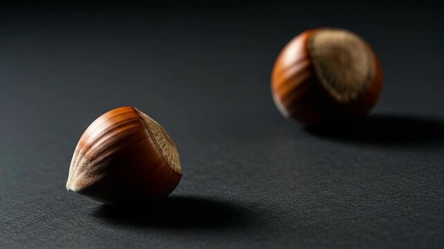 Close-up of hazelnuts on dark surface in sequence