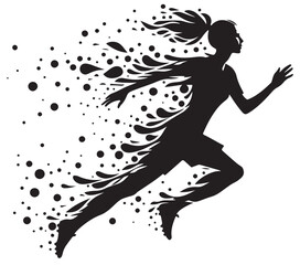  A dynamic silhouette of a female runner in mid-stride, with flowing particles trailing behind. Evokes energy, speed, fitness, and freedom. Ideal for sports