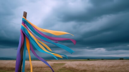 Colorful Ribbons in Wind Against Storm