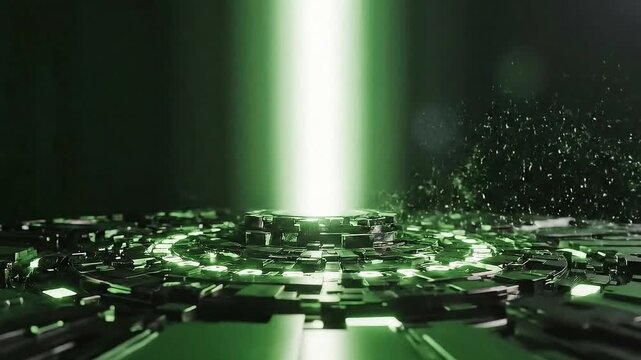 Abstract digital voting hub with red and green lights clashing and forming a white consensus beam