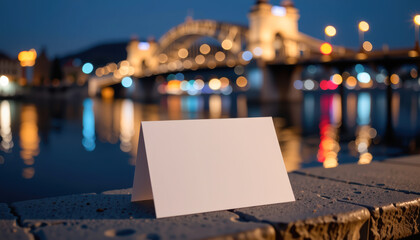 Twilight Riverside with White Card and Illuminated Bridge