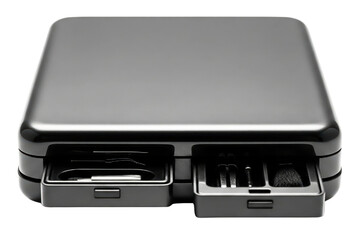 Sleek black compact travel kit with slide-out drawers for tools on a transparent background