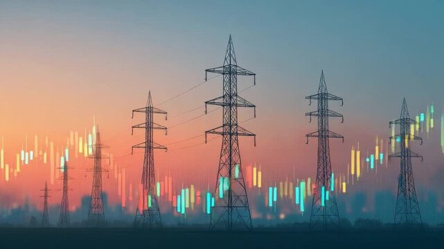Sunset over power lines with vibrant energy graph, illustrating electricity consumption trends and modern infrastructure concepts Background 4k video footage