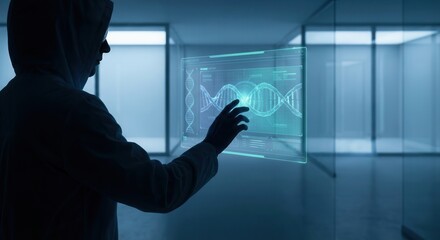 Man Interacting with Futuristic Transparent Screen Displaying Digital Data in a Modern Office Environment.