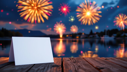 Fireworks Reflection Over Calm Water with Blank