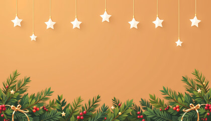 Festive Holiday Scene with Pine Branches and Star Ornaments
