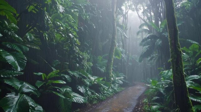 A lush tropical rainforest with dense green trees, a winding jungle path, heavy rain falling, dramatic atmosphere, misty background, vibrant foliage