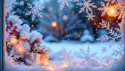 Cozy Holiday Scene with Snowy Window and Gift Arrangements