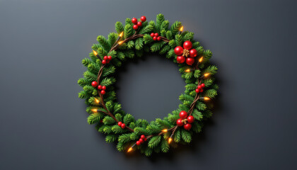 Festive Holiday Wreath with Red Berries and Gold Accents