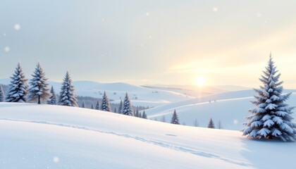 Sunlit Winter Landscape with Snowy Hills and Evergreen Trees