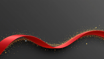 Elegant Red Ribbon with Sparkling Gold Accents Dark Background