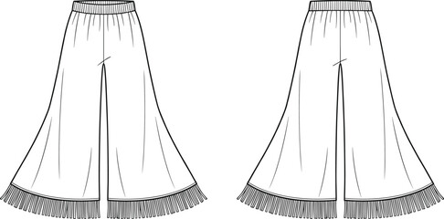 PrintWomen pants fashion illustration, wide leg trousers vector, fringe hem design sketch, front back view garment outline, clothing style drawing