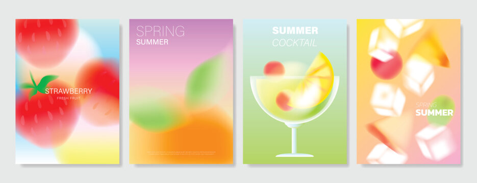 Abstract colorful gradient fruit card background set. Minimalist poster with lemon. Modern summer and spring wallpaper design for drink menu, promotion, beverages, ads.