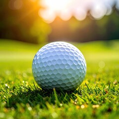 White golf ball on a grassy green, sunlit background