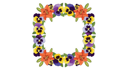 Square floral frame created with colorful orange lilies and vibrant purple and yellow pansy flowers, isolated on a white background.