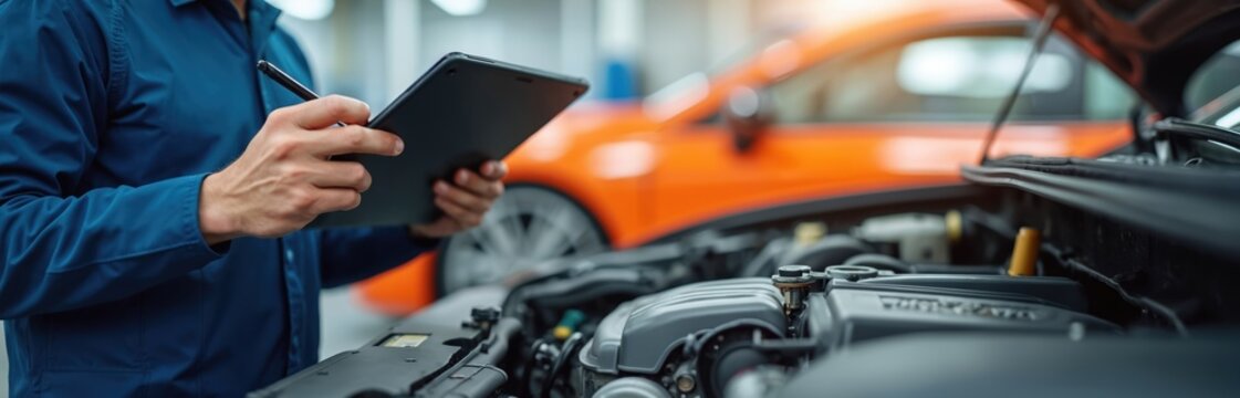 Mechanic with tablet checks car engine. Technician uses digital device for vehicle inspection and repair in workshop. Modern auto service and diagnostics.
