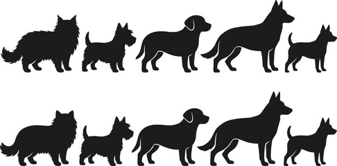 Dog Breeds Silhouette Collection, Black Flat Vector Illustration of Pet Animals, Group of Various Canine Shapes for Icon Design, Isolated on White Background, Minimalist Drawing