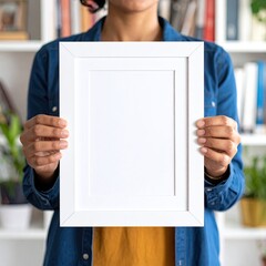 Person holding a white picture frame
