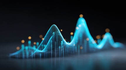 Abstract digital representation of data visualization with vibrant blue peaks and glowing elements showcasing trends and insights in technology and analytics