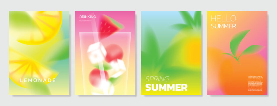 Abstract colorful gradient fruit card background set. Minimalist poster with lemon. Modern summer and spring wallpaper design for drink menu, promotion, beverages, ads.