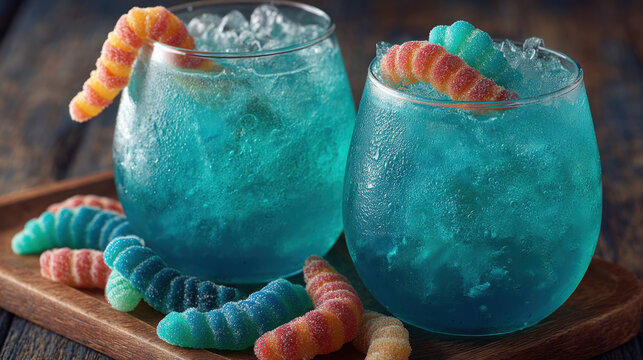 Halloween drinks with gummy worms and dry ice