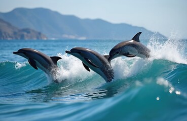 Fototapeta premium Three dolphins leap from blue ocean waves near coast hills. Marine mammals play in sea, breaching water, showing tails and fins. Wild nature scene.
