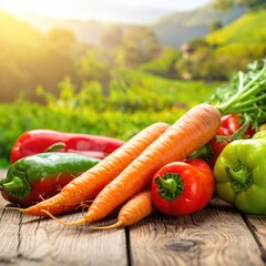 Fresh carrots and bell peppers on rustic wooden table, scenic rural background