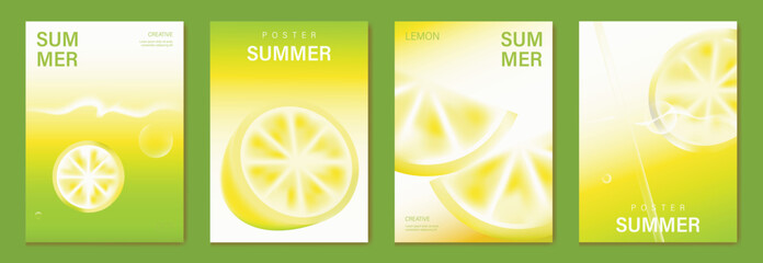 Abstract colorful gradient fruit card background set. Minimalist poster with lemon. Modern summer and spring wallpaper design for drink menu, promotion, beverages, ads.