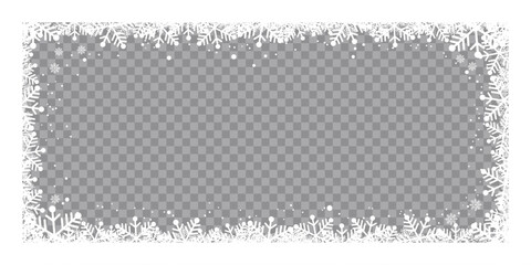 Winter snowflake frame with transparent center, featuring decorative white frosty border and falling snow on a checkered background, perfect for Christmas photo overlays, greeting cards.