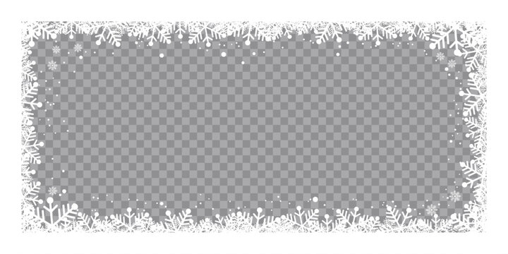 Winter snowflake frame with transparent center, featuring decorative white frosty border and falling snow on a checkered background, perfect for Christmas photo overlays, greeting cards.
