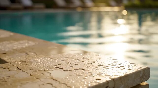 A serene poolside scene with a stone edge, water, and sunlight reflection
