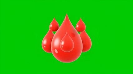 A high-quality 3d illustration captures several glossy, vivid red blood drops grouping together, isolated on a bright green chroma key background for medical graphics.