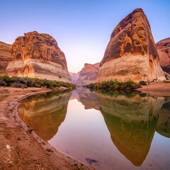 Canyon river reflecting dawn's hues
