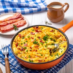 Orange skillet filled with cheesy, savory breakfast casserole, topped with chives and bacon strips, alongside a plate of bacon