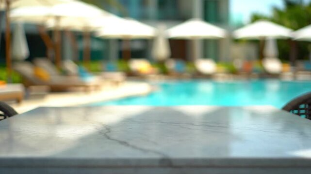 A serene poolside scene with a marble table in the foreground at a luxury resort
