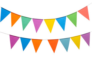 Fototapeta premium Colorful triangular flags strung on wires against a black background