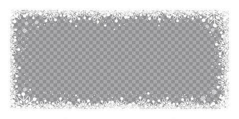 Winter snowflake frame with transparent center, featuring decorative white frosty border and falling snow on a checkered background, perfect for Christmas photo overlays, greeting cards.