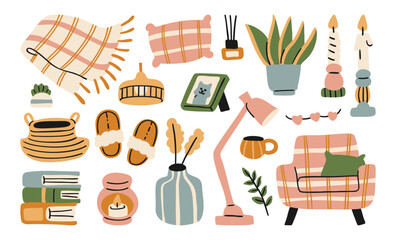Cozy hygge home decor collection in warm palette