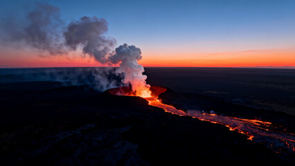 Sunset volcanic crater erupts with lava flow and smoke