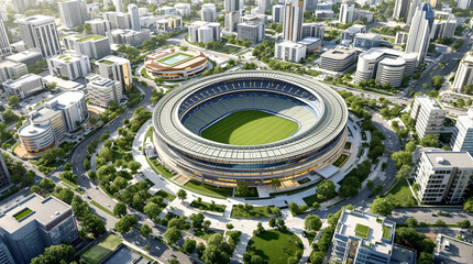 City Stadium Aerial View: An expansive aerial perspective of a modern stadium, nestled within a thriving urban landscape, showcasing the interplay of architecture and city life.