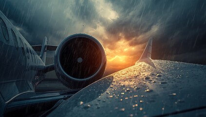 Airplane wing and engine during heavy rain with stormy weather and sunset in the background on a dark cloudy day